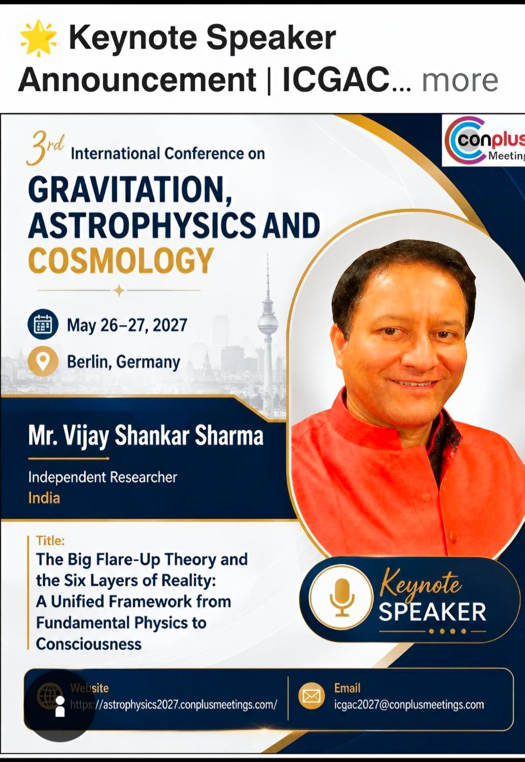 Keynote announcement: Vijay Shankar Sharma at ICGAC 2027, Berlin
