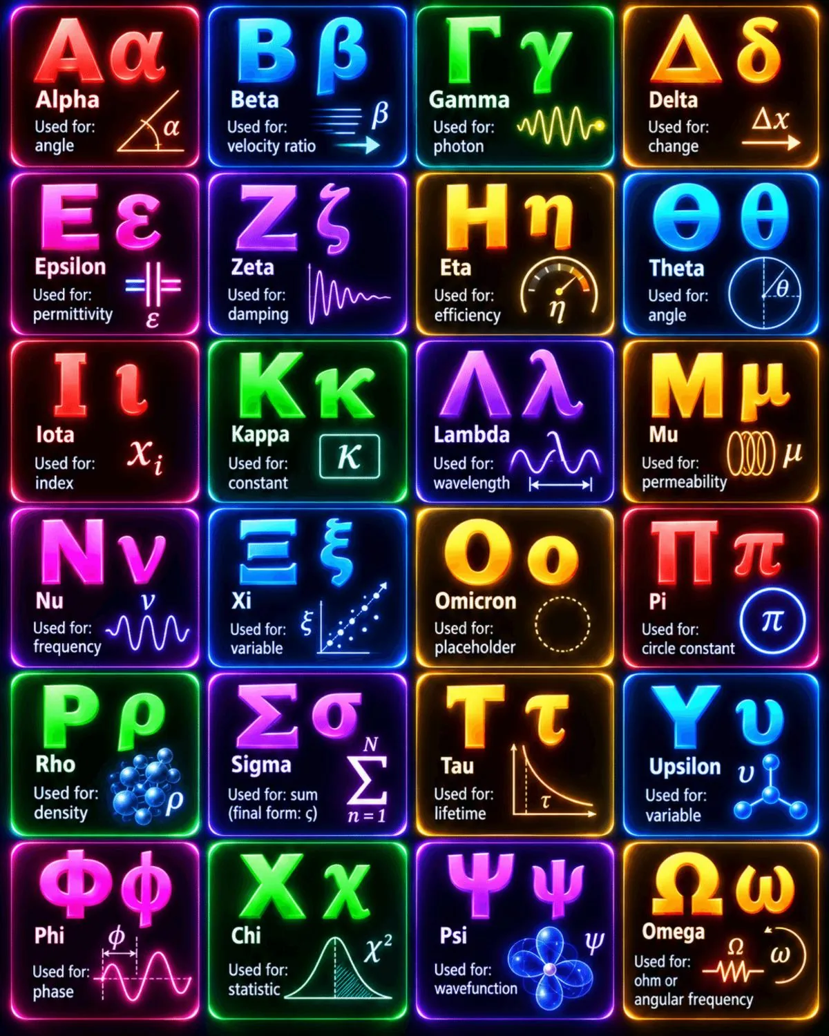 Chart of the 24 Greek alphabets used in maths and physics, with uppercase and lowercase forms, English names, and one common job each.